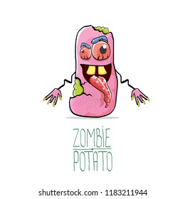 vector funny cartoon cute pink zombie potato character isolated on white background. My name is zombie potato vector concept halloween background. monster vegetable funky character