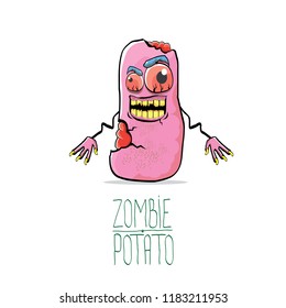 vector funny cartoon cute pink zombie potato character isolated on white background. My name is zombie potato vector concept halloween background. monster vegetable funky character