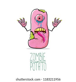 vector funny cartoon cute pink zombie potato character isolated on white background. My name is zombie potato vector concept halloween background. monster vegetable funky character