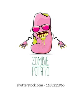 vector funny cartoon cute pink zombie potato character isolated on white background. My name is zombie potato vector concept halloween background. monster vegetable funky character