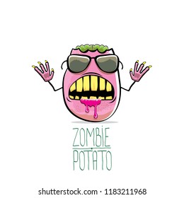 vector funny cartoon cute pink zombie potato character isolated on white background. My name is zombie potato vector concept halloween background. monster vegetable funky character