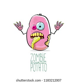 vector funny cartoon cute pink zombie potato character isolated on white background. My name is zombie potato vector concept halloween background. monster vegetable funky character
