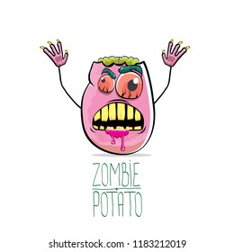 vector funny cartoon cute pink zombie potato character isolated on white background. My name is zombie potato vector concept halloween background. monster vegetable funky character