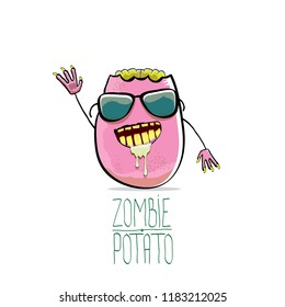 vector funny cartoon cute pink zombie potato character isolated on white background. My name is zombie potato vector concept halloween background. monster vegetable funky character