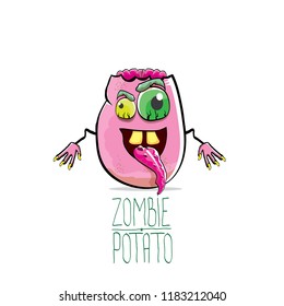 vector funny cartoon cute pink zombie potato character isolated on white background. My name is zombie potato vector concept halloween background. monster vegetable funky character