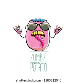 vector funny cartoon cute pink zombie potato character isolated on white background. My name is zombie potato vector concept halloween background. monster vegetable funky character