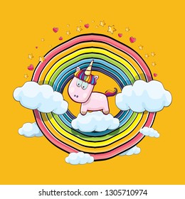 vector funny cartoon cute pink fairy unicorn sitting on cloud in sky with rainbow and clouds. My name is unicorn vector concept illustration. funky hand drawn kids background