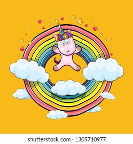 vector funny cartoon cute pink fairy unicorn sitting on cloud in sky with rainbow and clouds. My name is unicorn vector concept illustration. funky hand drawn kids background