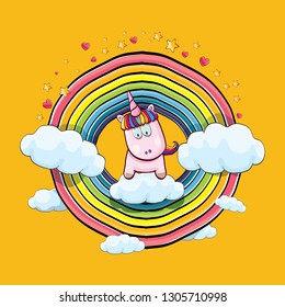 vector funny cartoon cute pink fairy unicorn sitting on cloud in sky with rainbow and clouds. My name is unicorn vector concept illustration. funky hand drawn kids background