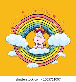vector funny cartoon cute pink fairy unicorn sitting on cloud in sky with rainbow and clouds. My name is unicorn vector concept illustration. funky hand drawn kids background