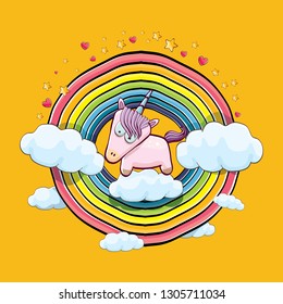 vector funny cartoon cute pink fairy unicorn sitting on cloud in sky with rainbow and clouds. My name is unicorn vector concept illustration. funky hand drawn kids background