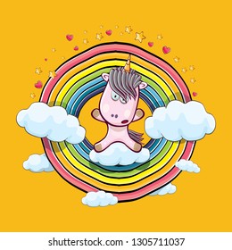 vector funny cartoon cute pink fairy unicorn sitting on cloud in sky with rainbow and clouds. My name is unicorn vector concept illustration. funky hand drawn kids background