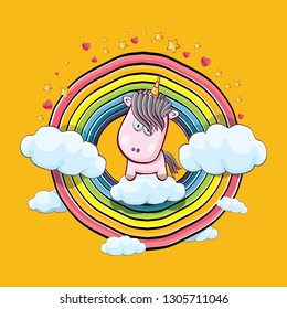 vector funny cartoon cute pink fairy unicorn sitting on cloud in sky with rainbow and clouds. My name is unicorn vector concept illustration. funky hand drawn kids background
