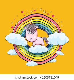 vector funny cartoon cute pink fairy unicorn sitting on cloud in sky with rainbow and clouds. My name is unicorn vector concept illustration. funky hand drawn kids background