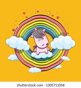 vector funny cartoon cute pink fairy unicorn sitting on cloud in sky with rainbow and clouds. My name is unicorn vector concept illustration. funky hand drawn kids background