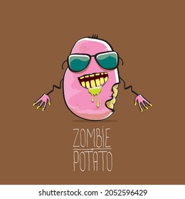 vector funny cartoon cute pink zombie potato character isolated on brown background. My name is zombie potato vector concept Halloween background. monster vegetable funky character