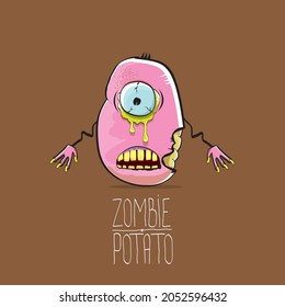 vector funny cartoon cute pink zombie potato character isolated on brown background. My name is zombie potato vector concept Halloween background. monster vegetable funky character