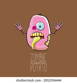 vector funny cartoon cute pink zombie potato character isolated on brown background. My name is zombie potato vector concept Halloween background. monster vegetable funky character