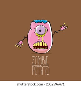 vector funny cartoon cute pink zombie potato character isolated on brown background. My name is zombie potato vector concept Halloween background. monster vegetable funky character