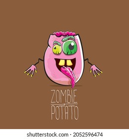 vector funny cartoon cute pink zombie potato character isolated on brown background. My name is zombie potato vector concept Halloween background. monster vegetable funky character