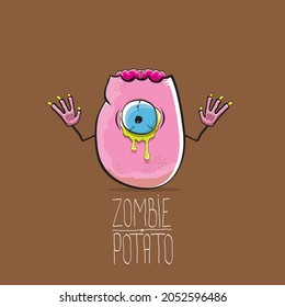 vector funny cartoon cute pink zombie potato character isolated on brown background. My name is zombie potato vector concept Halloween background. monster vegetable funky character