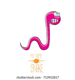 vector funny cartoon cute pink kids monster snake label isolated on white background. Vector funny pink mascot reptile . Viper logo design template