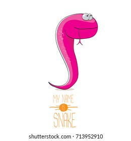 vector funny cartoon cute pink kids monster snake label isolated on white background. Vector funny pink mascot reptile . Viper logo design template