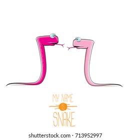 vector funny cartoon cute pink kids monster snake label isolated on white background. Vector funny pink mascot reptile . Viper logo design template