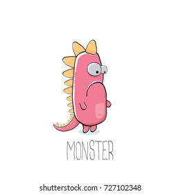 vector funny cartoon cute pink kids monster dinosaur label isolated on white background. Vector funny pink mascot dragon . Dino logo design template