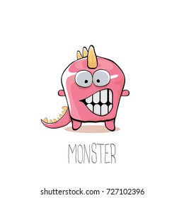 vector funny cartoon cute pink kids monster dinosaur label isolated on white background. Vector funny pink mascot dragon . Dino logo design template