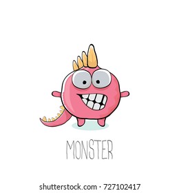 vector funny cartoon cute pink kids monster dinosaur label isolated on white background. Vector funny pink mascot dragon . Dino logo design template