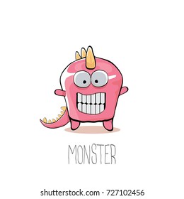 vector funny cartoon cute pink kids monster dinosaur label isolated on white background. Vector funny pink mascot dragon . Dino logo design template
