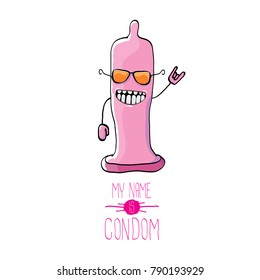 vector funny cartoon cute pink condom character isolated on white background. My name is condom. Concept safe sex and healthy life style