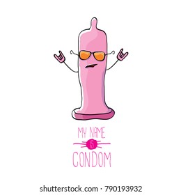 vector funny cartoon cute pink condom character isolated on white background. My name is condom. Concept safe sex and healthy life style
