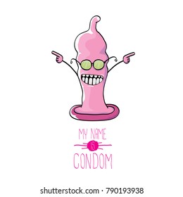 vector funny cartoon cute pink condom character isolated on white background. My name is condom. Concept safe sex and healthy life style