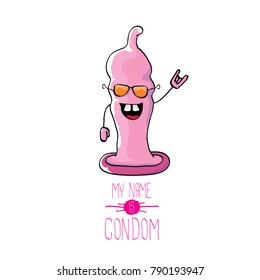 vector funny cartoon cute pink condom character isolated on white background. My name is condom. Concept safe sex and healthy life style