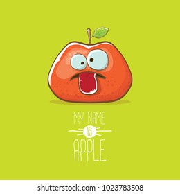 vector funny cartoon cute red apple character isolated on green background. My name is apple vector concept. super funky fruit summer food character