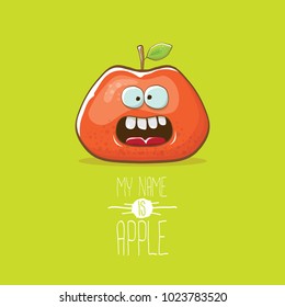 vector funny cartoon cute red apple character isolated on green background. My name is apple vector concept. super funky fruit summer food character