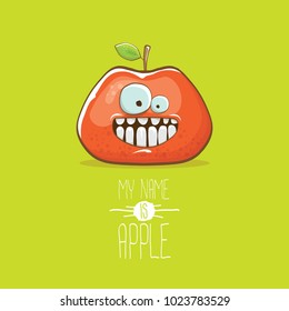 vector funny cartoon cute red apple character isolated on green background. My name is apple vector concept. super funky fruit summer food character
