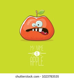 vector funny cartoon cute red apple character isolated on green background. My name is apple vector concept. super funky fruit summer food character