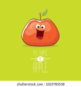 vector funny cartoon cute red apple character isolated on green background. My name is apple vector concept. super funky fruit summer food character