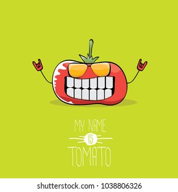 vector funny cartoon cute red smiling tomato character isolated on green background. My name is tomato. summer vegetable funky character