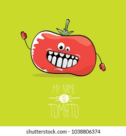 vector funny cartoon cute red smiling tomato character isolated on green background. My name is tomato. summer vegetable funky character