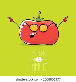 vector funny cartoon cute red smiling tomato character isolated on green background. My name is tomato. summer vegetable funky character