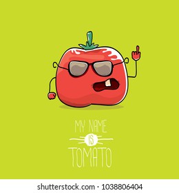 vector funny cartoon cute red smiling tomato character isolated on green background. My name is tomato. summer vegetable funky character