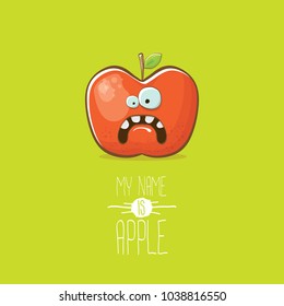 vector funny cartoon cute red apple character isolated on summer green background. My name is apple vector concept. super funky fruit summer food character