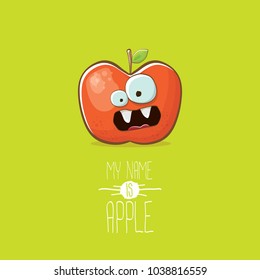 vector funny cartoon cute red apple character isolated on summer green background. My name is apple vector concept. super funky fruit summer food character