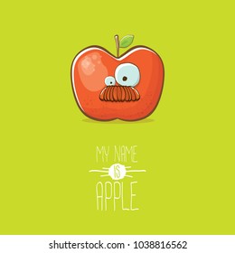 vector funny cartoon cute red apple character isolated on summer green background. My name is apple vector concept. super funky fruit summer food character