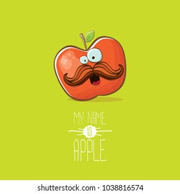 vector funny cartoon cute red apple character isolated on summer green background. My name is apple vector concept. super funky fruit summer food character