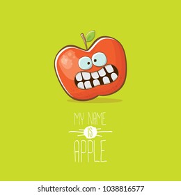 vector funny cartoon cute red apple character isolated on summer green background. My name is apple vector concept. super funky fruit summer food character